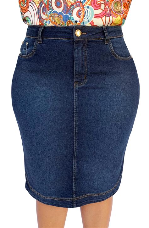 Saia Jeans Escuro Midi Plus Size Dyork Moda Evangélica Dyork
