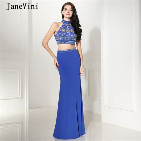 Janevini Elegant Robe Mermaid Two Piece Blue Prom Dress Long 2019 High