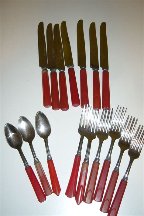 Red Bakelite Handle Flatware 7 Knives 6 Forks 3 Spoons