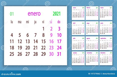 Plantilla Vectorial Del Calendario Español 2021 La Semana Empieza El Lunes Concepto De Calénder