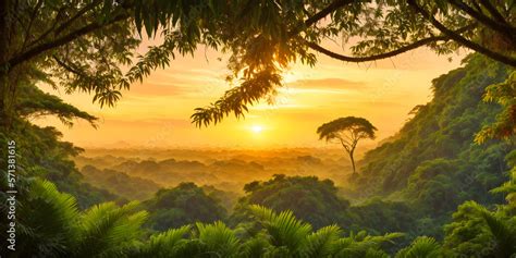 ภาพประกอบสต็อก Wallpaper With A Tropical Landscape At Sunset Jungle