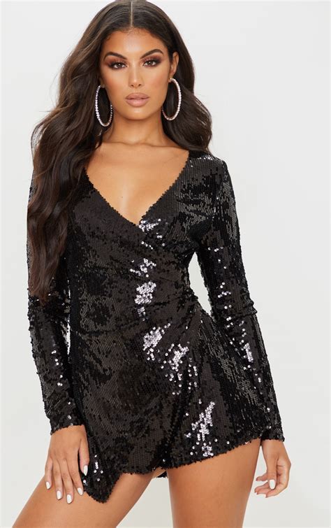Black Sequin Long Sleeve Wrap Playsuit Prettylittlething