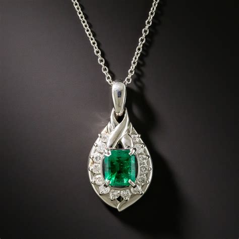 Estate Platinum Emerald Diamond Pendant Necklace