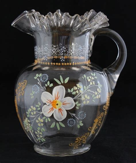 Antique Victorian Hand Blown Glass Enameled Flowers Ruffle Top Water Pitcher Hand Blown Glass