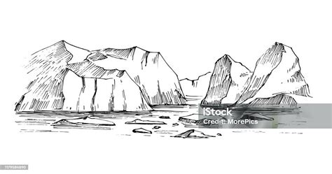 Arctic Sketch Icebergs Northen Landscape Hand Drawn Illustration