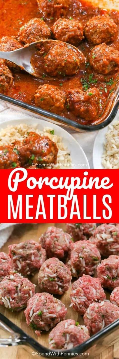 Meatballs And Rice With The Words Porcupine Meatballs In Red Overlay