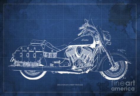 2016 Indian Chief Vintage Motorcycle Blueprint Blue Background