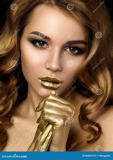 Beauty Portrait Of Young Woman With Golden Makeup Stock Image Image
