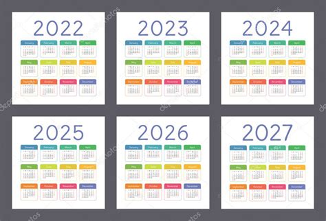 Takvim 2022 2023 2024 2025 2026 2027 Ngilizce Renkli Vektör Stock