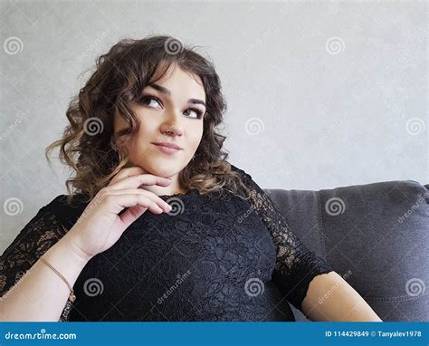 Beautiful Full Girl Curly Hair Portrait Sofa Stock Image Image Of Girl Cheerful 114429849