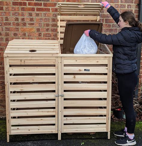 Bingarden Double Bin Store Wooden Slatted Wheelie Bin Storage With Bi