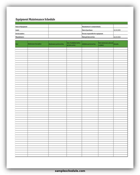 Free Equipment Maintenance Schedule Template Excel Sample Schedule