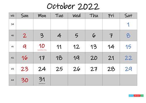 Free Printable October 2022 Calendar With Holidays Template K22m574