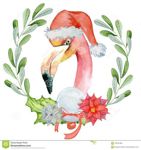 Christmas Pink Flamingo In Santa Hat Watercolor Illustration Stock