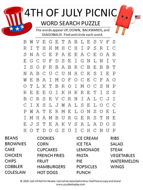 You could hand this out to guests at your 4th of july bbq and award a prize to the person who unscrambles all of the words first. 4th of July Picnic Word Search Puzzle - Puzzles to Play