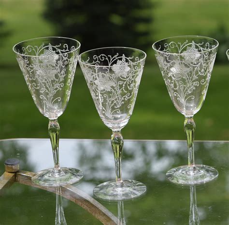 Vintage Needle Etched Wine Glasses Set Of 5 Fostoria Woodland Circa