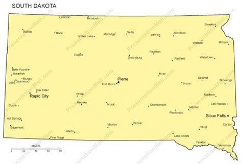 South Dakota Outline Map With Capitals And Major Cities Digital Vector