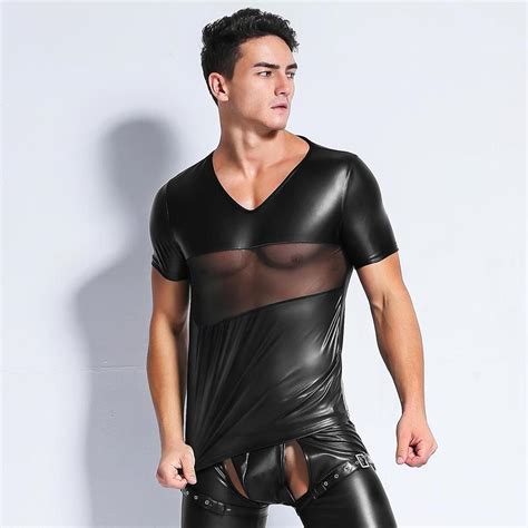 Sexy Men Faux Leather T Shirts Male Fashion Undershirts
