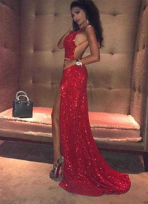 Eleg Glamour Red Prom Dress Sequin Prom Dress Open Back Prom Dress