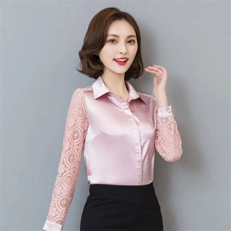 2018 spring women lace stitching satin silk blouse blouses women plus size luxury ol blouse long