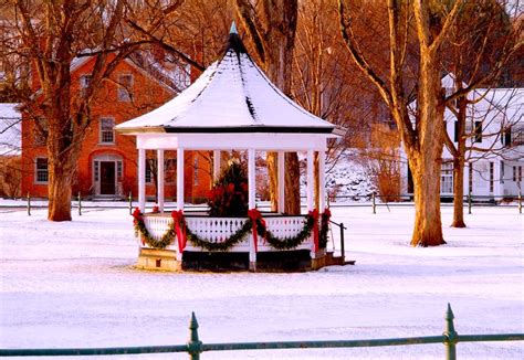 The Public Gazebo Of Weston Vermont In The Evening Light Of Winter