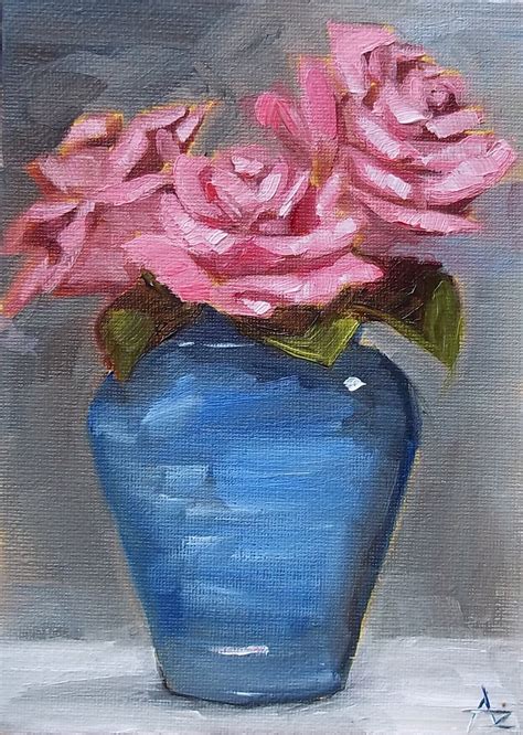 Azras Painting A Day Pink Roses In Blue Vase