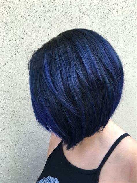 This blue really stands out against the black. Blue Black Bob | Hair color for black hair, Short blue ...