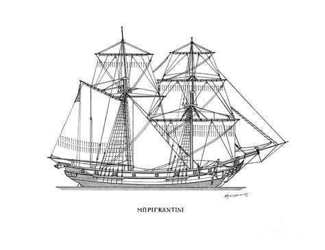 Brigantine Mediterranean Sailing Ship Drawing By Panagiotis Mastrantonis