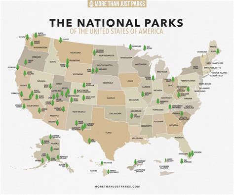 The National Parks Of The United States Are Labeled In Green And Brown