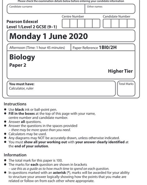 Gcse Edexcel Biology Paper 2 Higher Tier June 2020 Question 1 Only