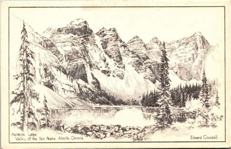 Moraine Lake Valley Of Ten Peaks Alberta Canada Scenic Drawing Bw