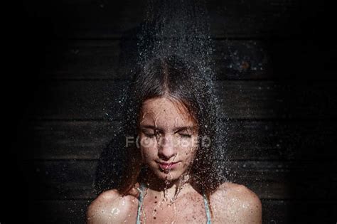 Girl Under Outdoor Shower Water Horizontal Stock Photo 127262746