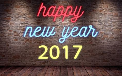 Happy New Year 2017 Flickering Blinking Neon Sign On Brick Wall And