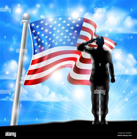 A Silhouette Soldier Saluting With American Flag In The Background
