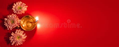 Happy Diwali Diya Oil Lamp And Flowers On Red Background Traditional