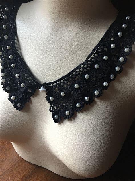 Black Lace Collar Rbg Applique Pair Pearls Venise Lace For Etsy