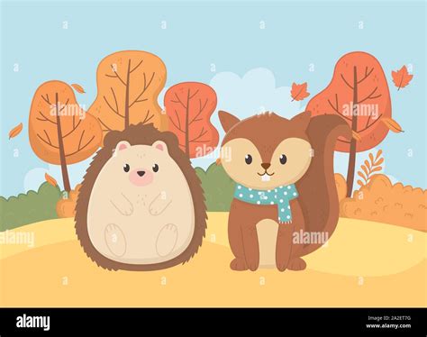 Cute Hedgehog And Squirrel Forest Foliage Hello Autumn Vector