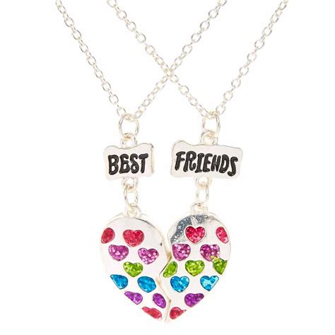 Best Friends Rainbow Glitter Hearts Silver Tone Split Heart Pendant Necklaces Claire S Us