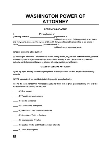 Free Blank Printable Power Of Attorney Form Washington State
