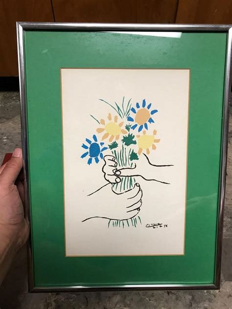 Pablo Picasso Hands With Flowers Bouquet Of Peace Print 1958 Framed And