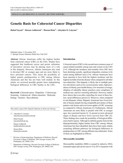 Genetic Basis For Colorectal Cancer Disparities Request PDF