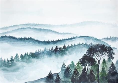 Original Watercolor Painting Fog Watercolor Misty Forest Etsy