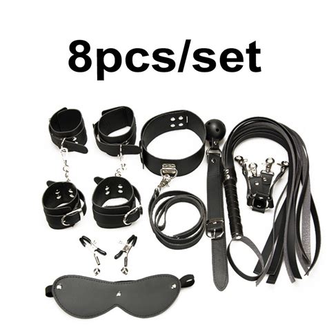 buy adult game 8pcs lot black sex neck collar whip ball gag handcuff rope