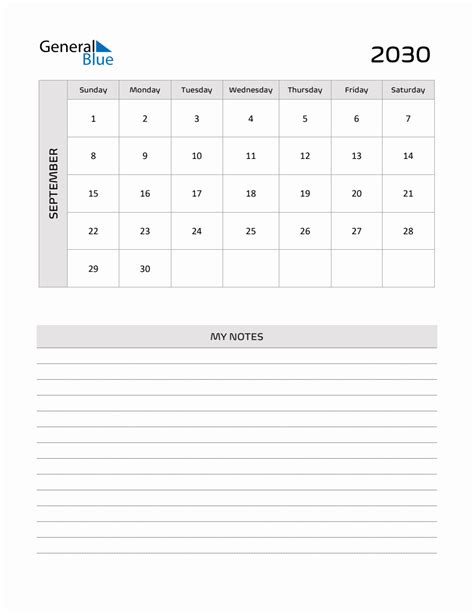 September 2030 Printable Monthly Calendar With Notes
