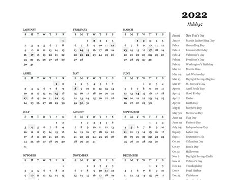 Printable 2022 United States Holidays Yearly One Page Calendar Etsy