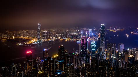 Hong Kong City Skyline Wallpaper 4k Body Of Water Skyscrapers Night
