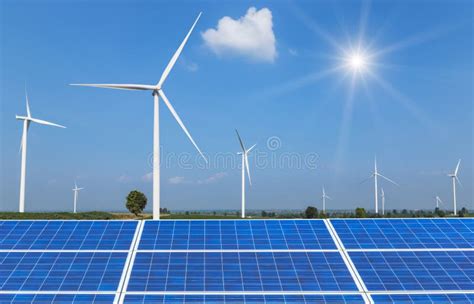 Solar Cells And Wind Turbines Generating Electricity In Power Station