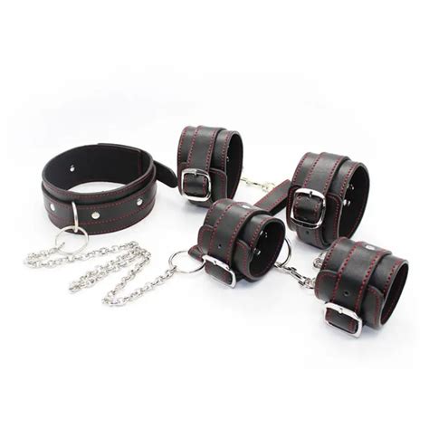 leather bdsm bondage 3pcs set neck collar handcuffs ankle cuffs adult games erotic sex tools for