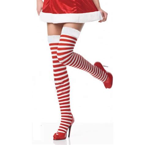 Women Striped Thigh High Stocking Sexy Red And White Striped Christmas