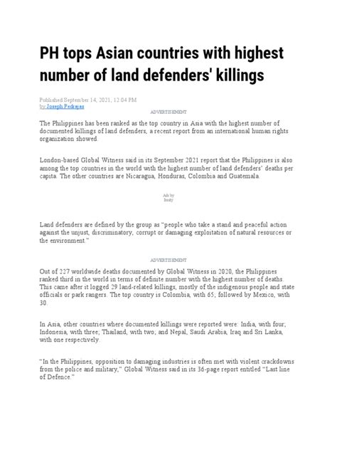 Ph Tops Asian Countries With Highest Number Of Land Defenders Pdf